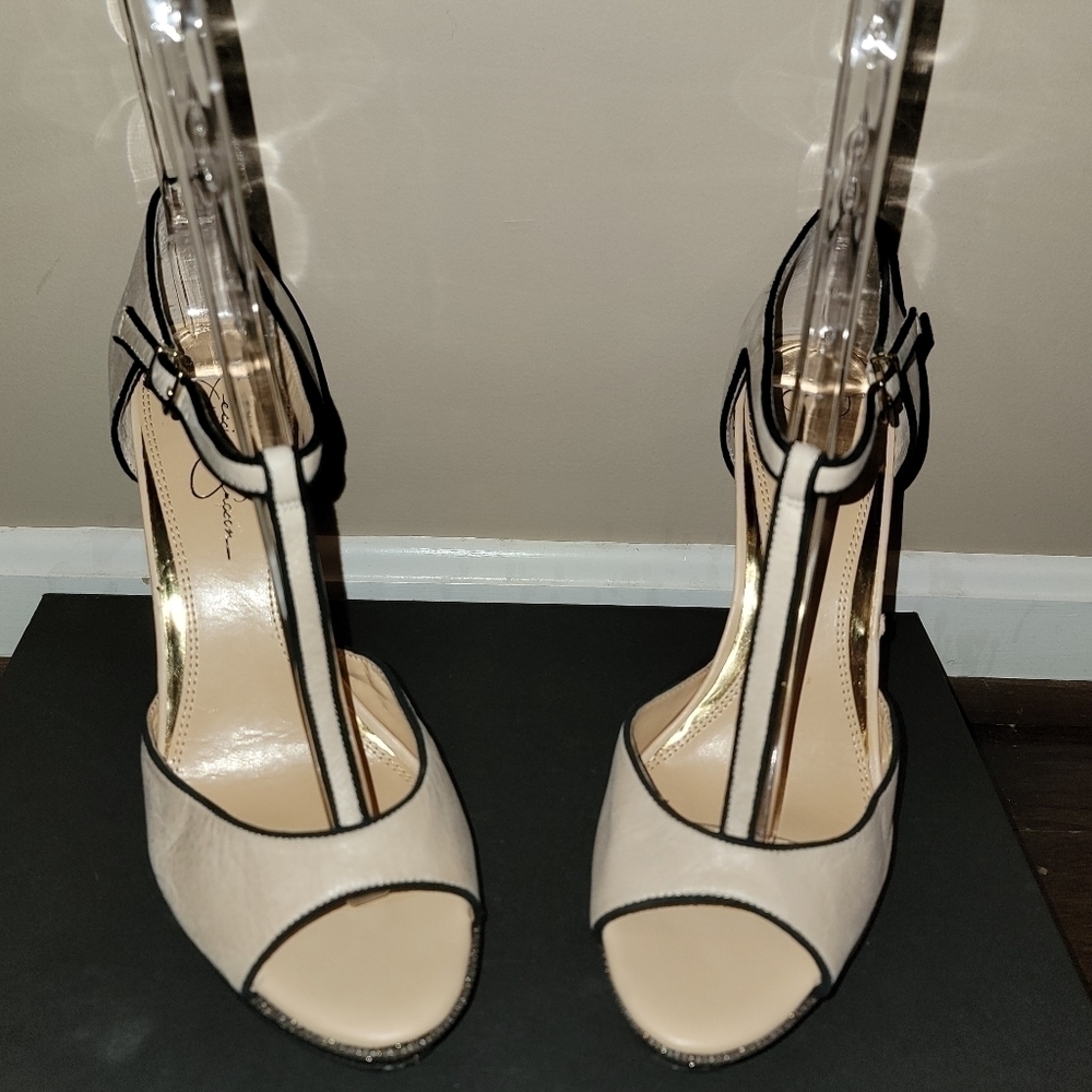 JESSICA SIMPSON;  Platform T-Strap With Black Sparkly Heels, Sz 10B